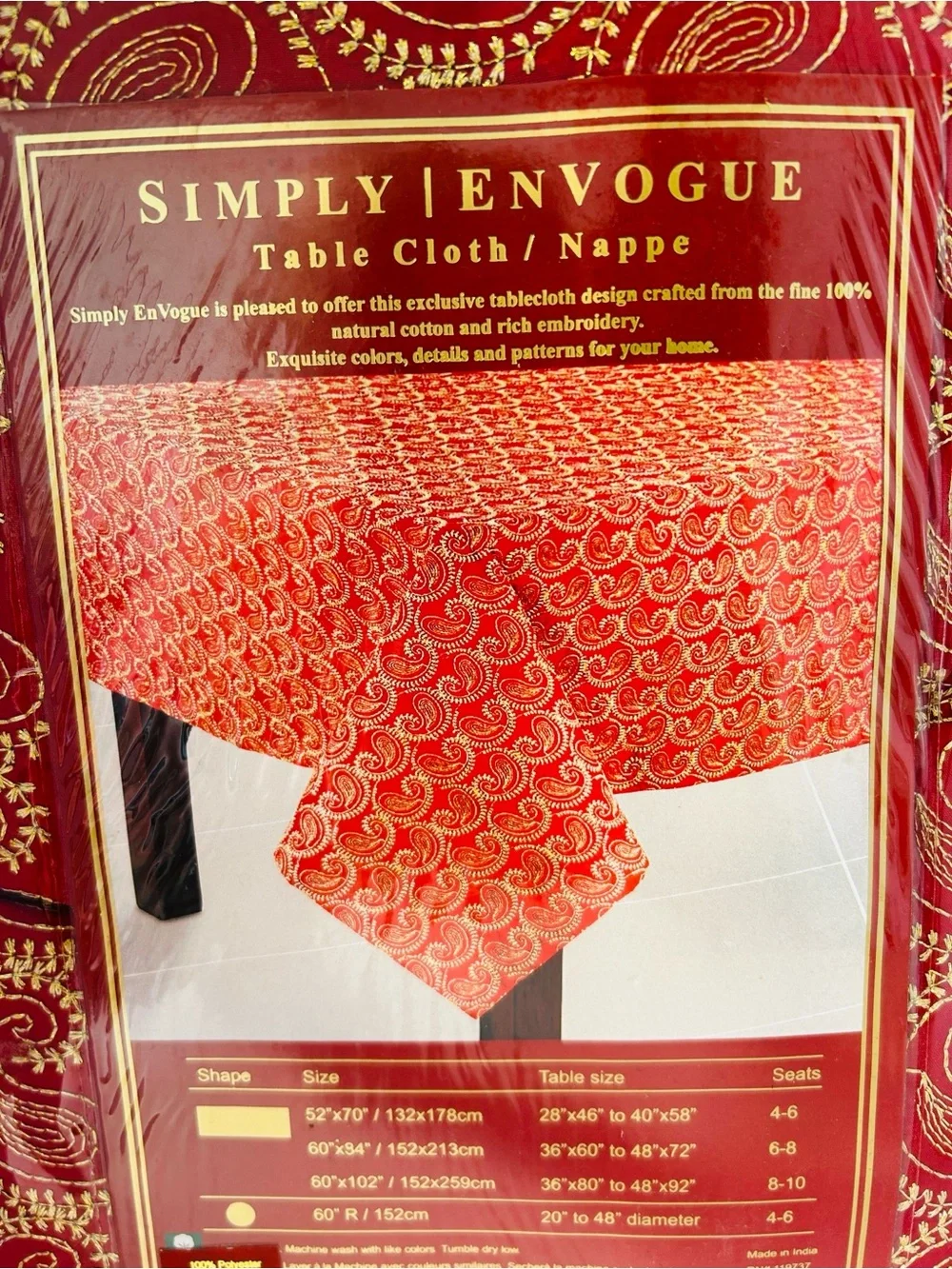 Envogue NWT Holiday 60”x120” Red & Gold Metallic Paisley Embroidery Tablecloth